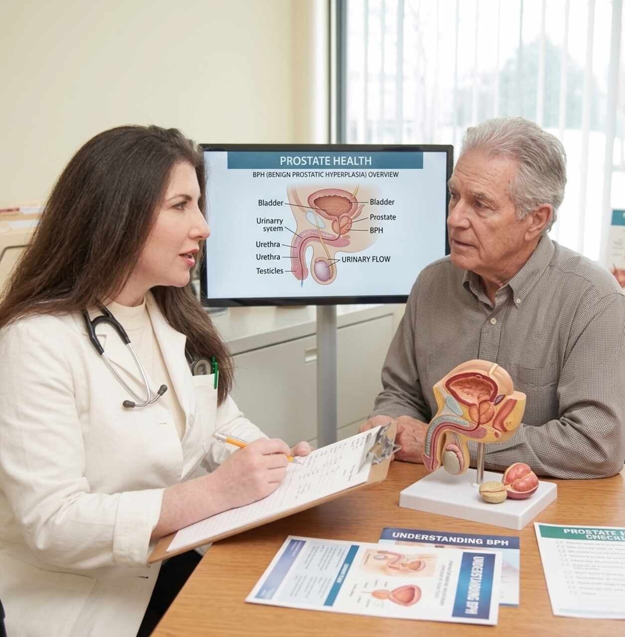 Doctor explaining prostate enlargement to male patient using anatomical diagram, discussing urinary symptoms, screening, and preventive care