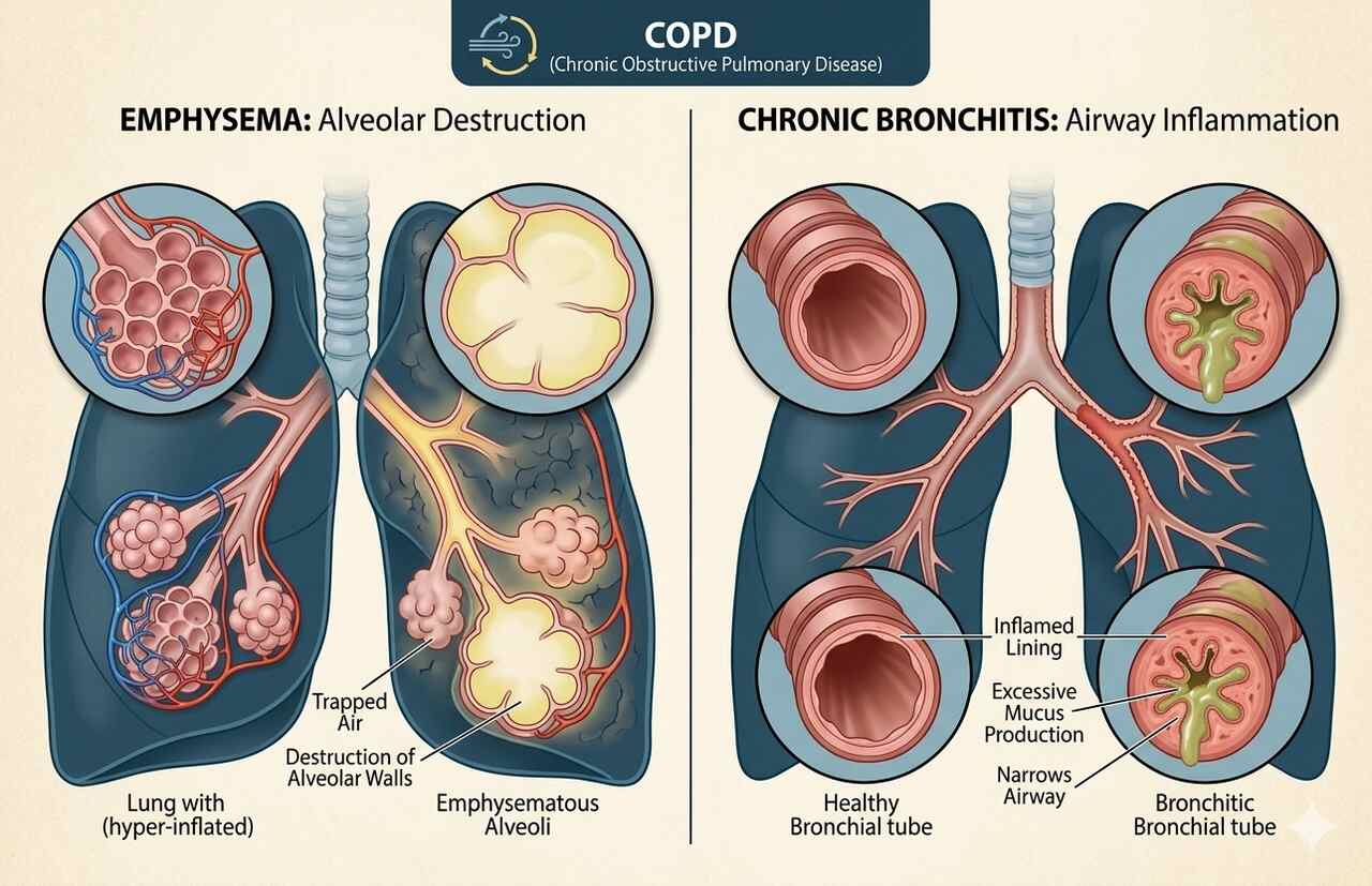Diagram illustrating COPD affecting lungs, including emphysema and chronic bronchitis, showing airway obstruction and reduced airflow
