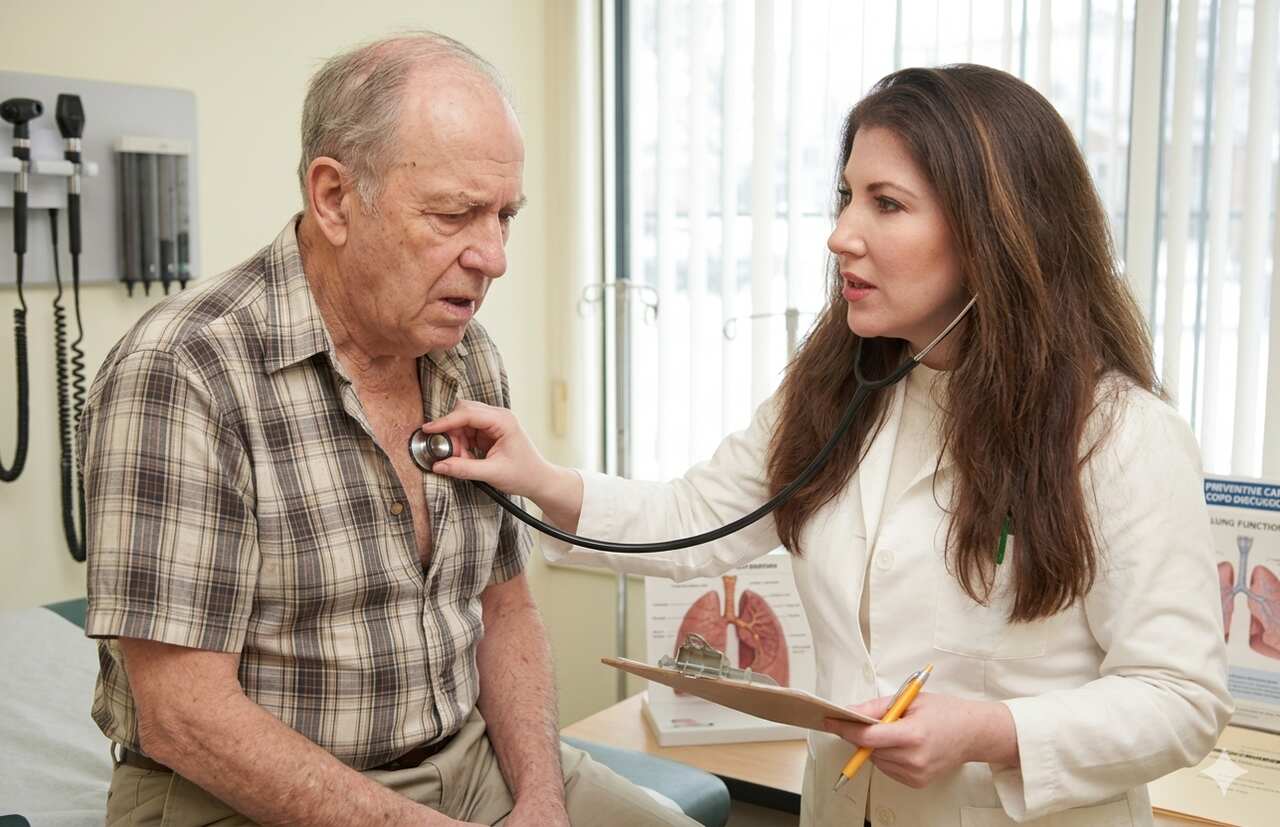 Doctor assessing patient with COPD symptoms using stethoscope and discussing breathing difficulties and lung function in clinical consultation