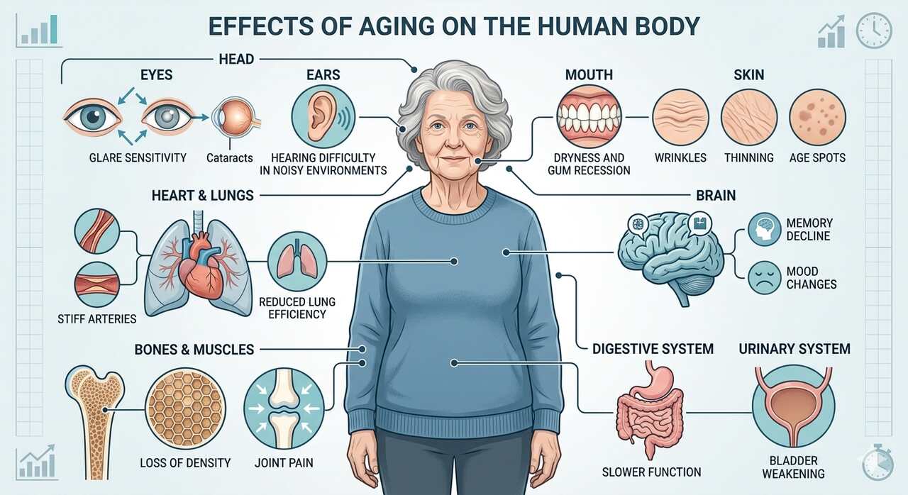 Infographic of aging effects on body systems including vision, hearing, skin, bones, heart, brain, and digestion changes