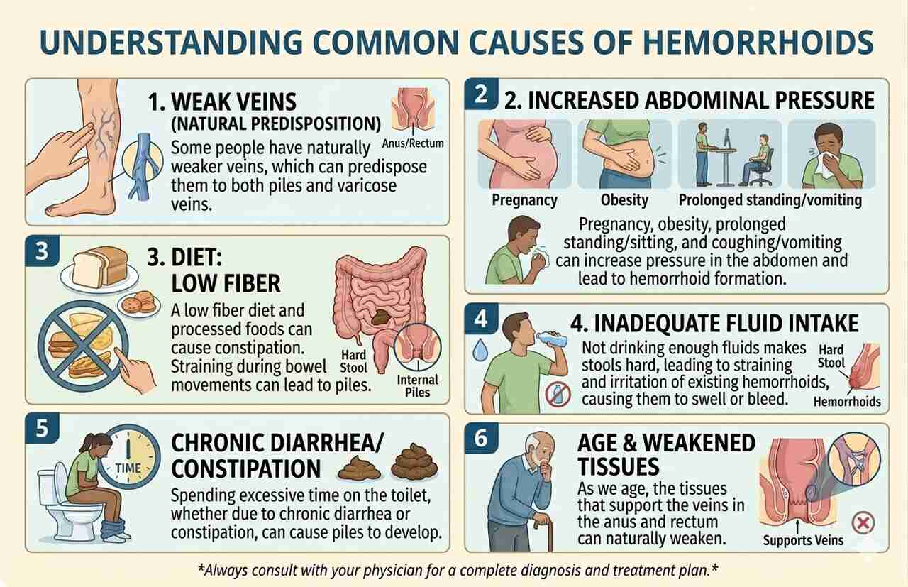 Causes of hemorrhoids diagram, discussing rectal pain, swelling, and treatment options in private clinical setting