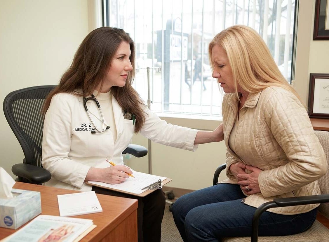 Woman with irritable bowel syndrome experiencing abdominal pain, bloating, and irregular bowel habits at home, emphasizing need for evaluation and symptom management.