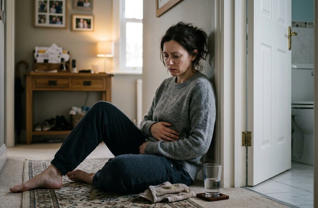 Adult experiencing nausea and vomiting at home, holding stomach and staying hydrated, illustrating symptoms that may require medical evaluation if persistent.