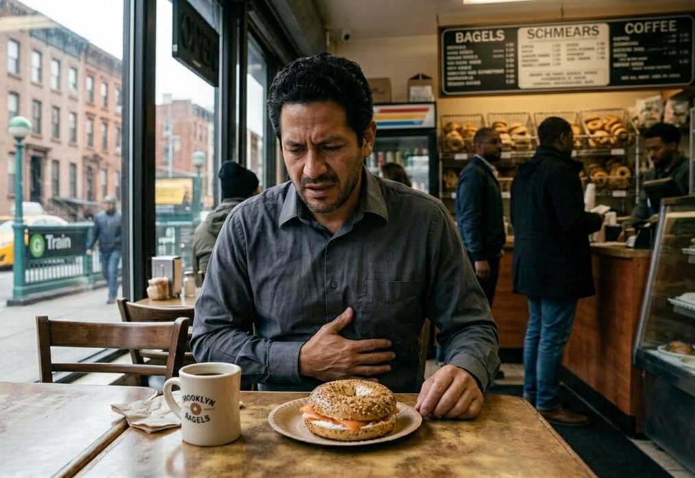 Adult experiencing abdominal pain at coffee shop in Brooklyn. He's in pain so holding stomach, concerned expression.