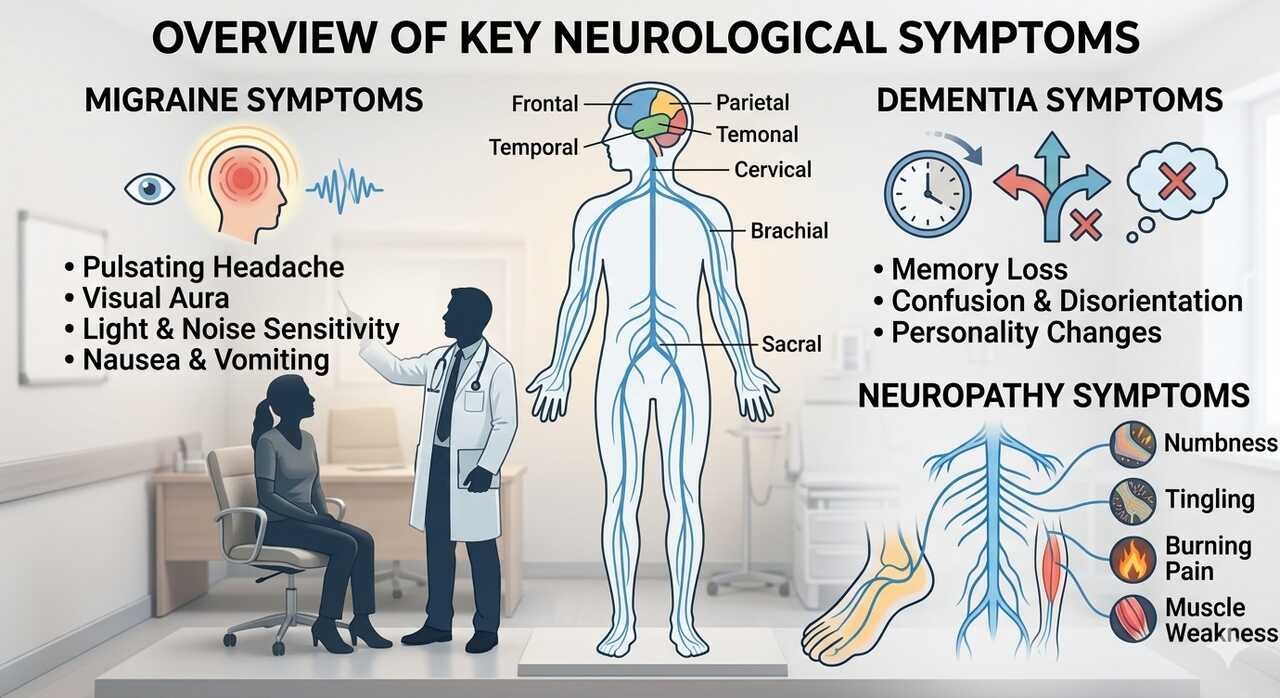 Medical illustration of brain, spinal cord, and peripheral nerves highlighting migraine, dementia, and neuropathy symptoms in a clinical setting with doctor and patient silhouette.