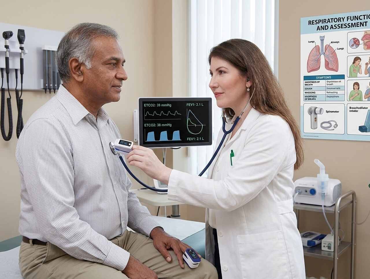 Doctor examining patient’s lungs with stethoscope during respiratory care consultation, discussing breathing symptoms and respiratory system function