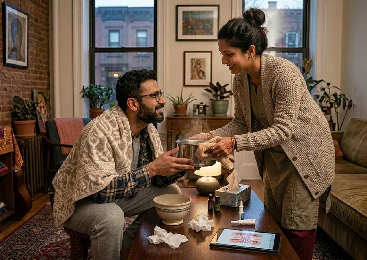 Sick husband in a living room seated with a blanket receiving a steaming pot for his sinus infection from wife, with tissues and remedies on the table.