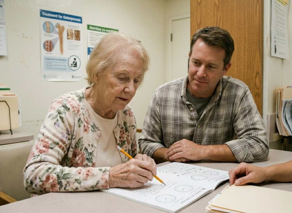 Son watches mother perform mental status testing to check if she has Alzheimer’s disease