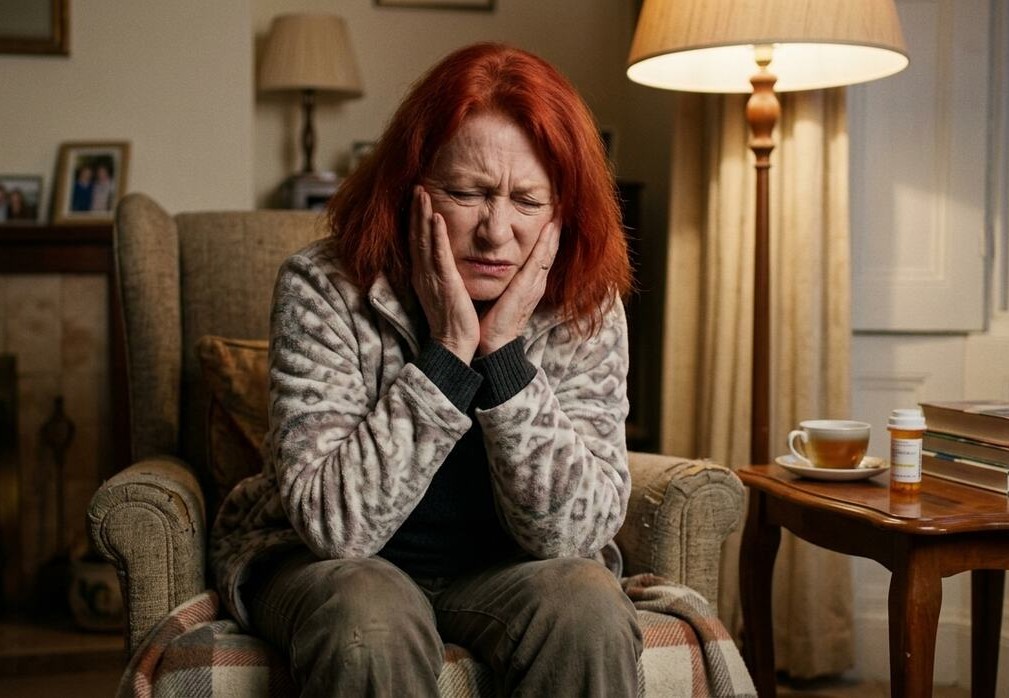 Adult holding face in severe pain from trigeminal neuralgia, showing sharp facial discomfort triggered by touch, highlighting need for medical evaluation.