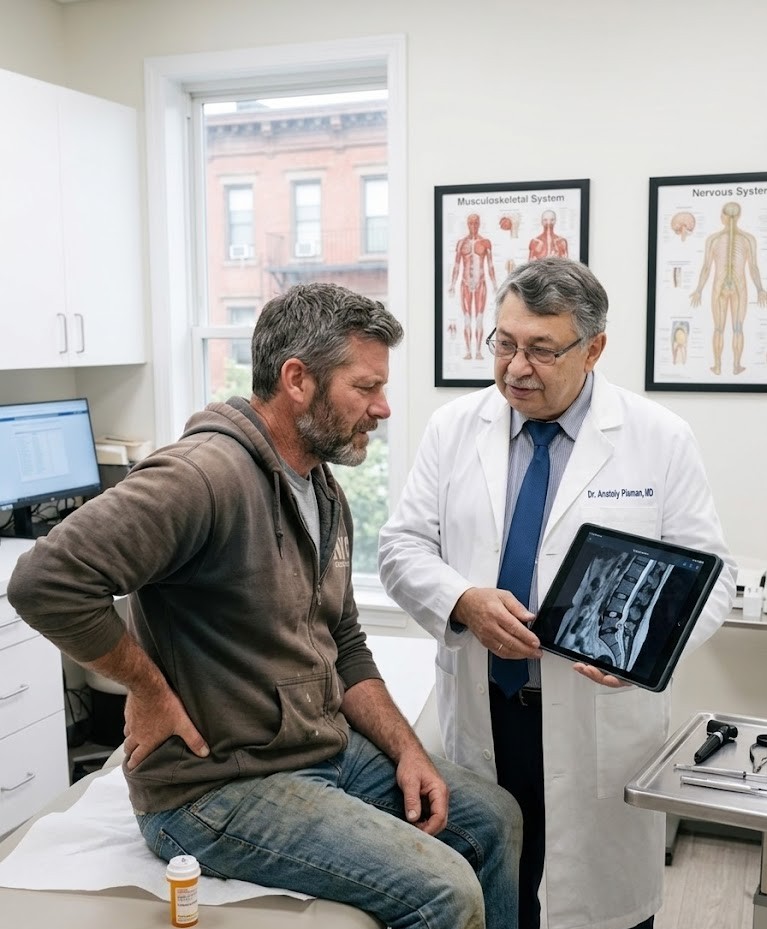 A realistic scene of a 40-year-old male construction worker in NYC sitting on the edge of a bed holding his lower back in pain, while Dr. Anatoly Pisman reviews spine imaging on a tablet in a modern Brooklyn medical office during a consultation for lumbar back pain