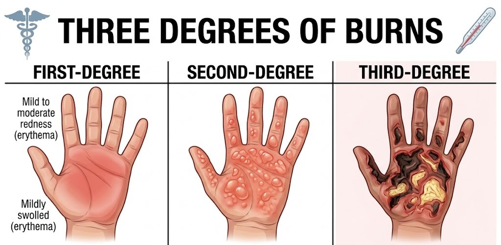 Medical illustration showing skin layers and how first, second, and third degree burns affect different depths of the skin