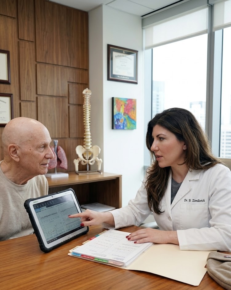 Doctor consulting with an older patient in a medical office, discussing chronic illness management while reviewing information on a tablet, with certificates and anatomical models in the background.
