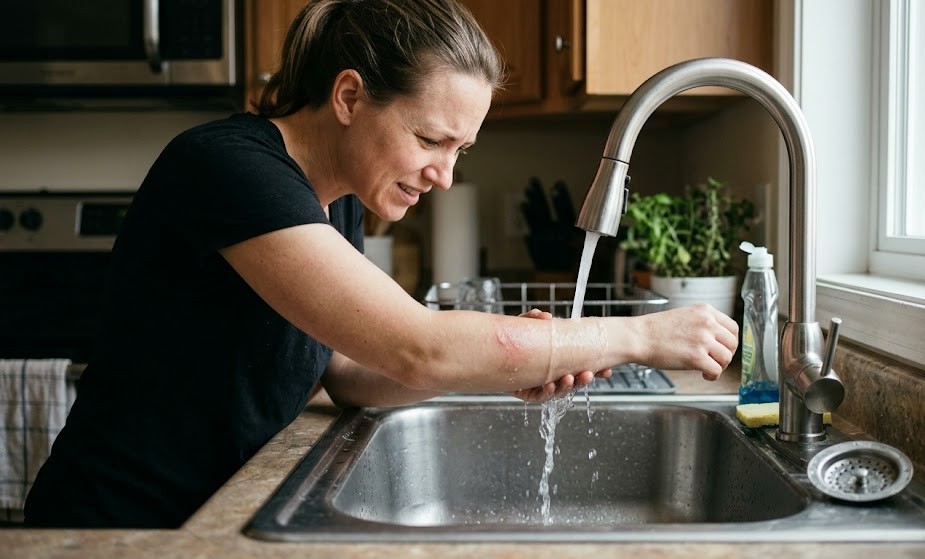 Person cooling a minor burn under running water at a sink as part of proper first aid treatment