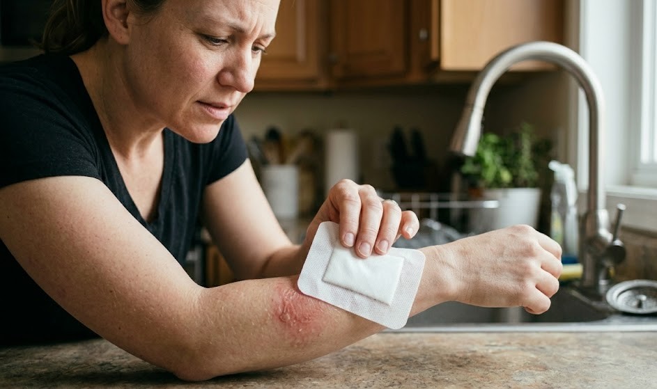 Person dressing a minor burn with dry clean bandage showing proper first aid treatment