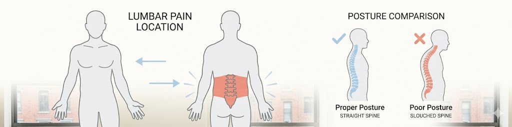 Simple medical diagram of the human back highlighting common lower back pain locations in the lumbar region with a minimal posture illustration showing correct and poor alignment