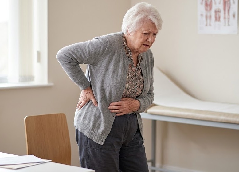 75-year-old elderly woman with a slightly frail, slightly overweight build, sitting or standing with a posture that reflects chronic lower back discomfort