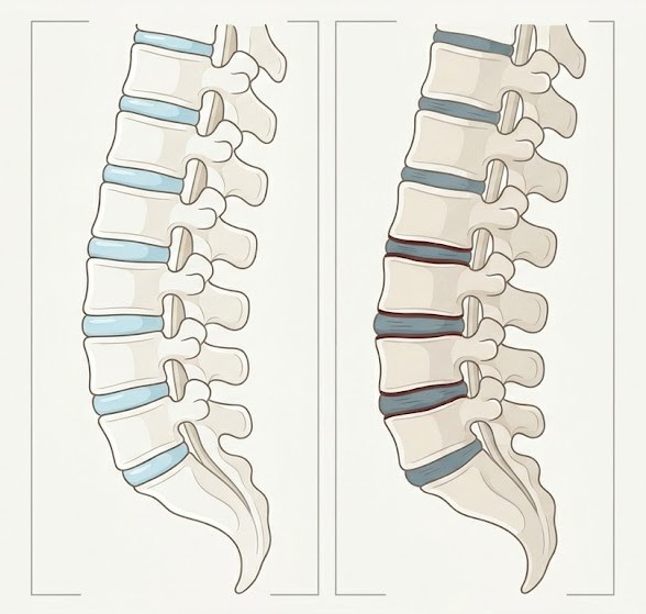 A medical illustration of an aging spine showing degenerated spinal discs with reduced disc height and mild nerve compression in the lower back region