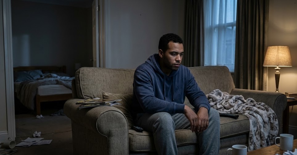 Person sitting alone in a dim room, illustrating common symptoms of depression such as isolation and low mood
