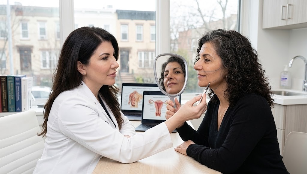 dermal filler consultation personalized treatment Brooklyn NYC diverse patient doctor facial assessment
