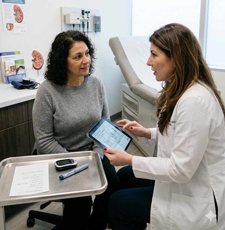 Doctor discussing diabetes medication management with a patient in a clinical setting while reviewing treatment and ongoing care options