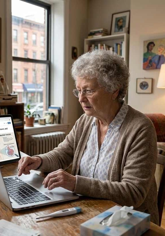 Woman at home researching pneumonia symptoms on laptop while experiencing illness and monitoring her breathing and condition