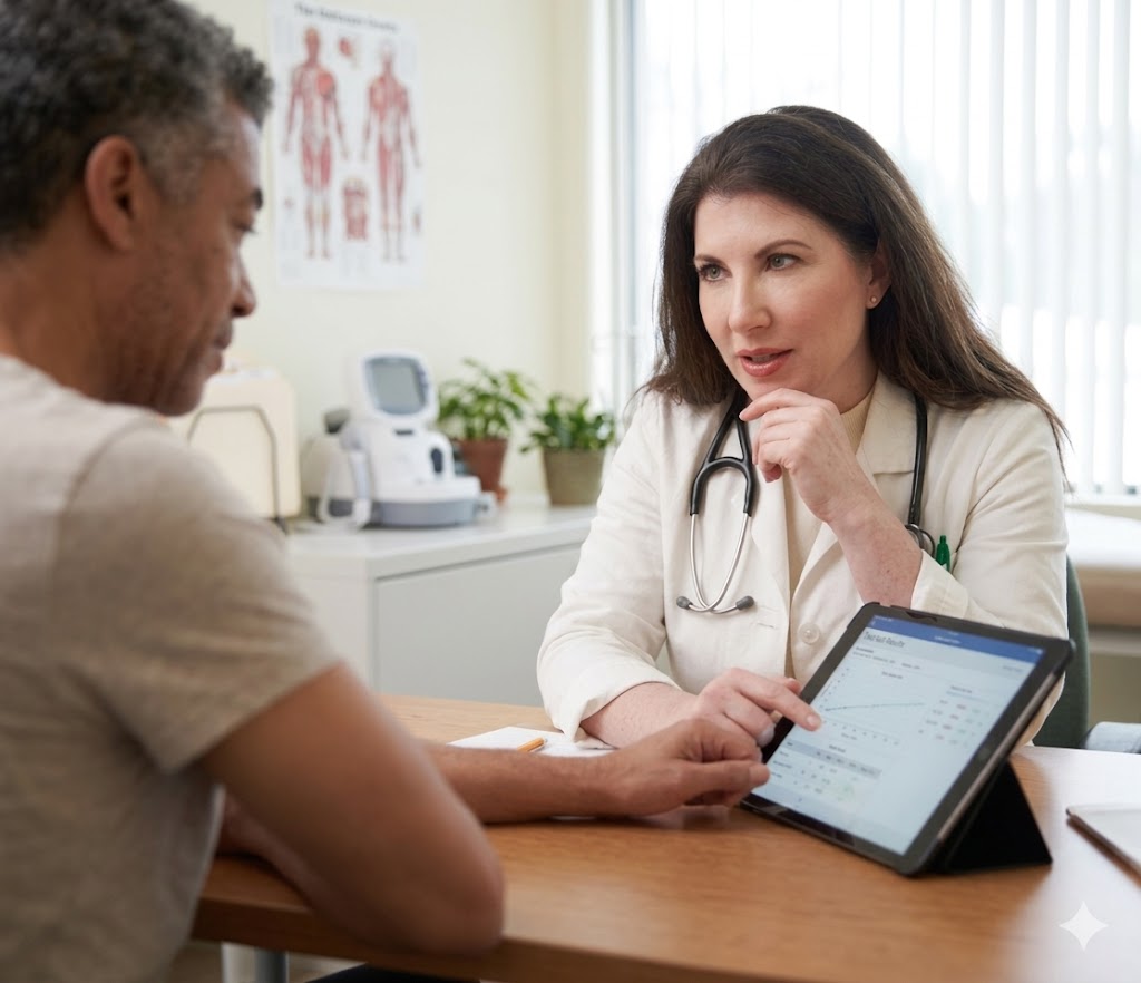 Doctor discussing diagnostic test results and options with a patient in a collaborative consultation setting