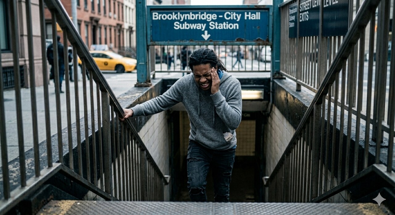 Young man experiencing dizziness holding head while standing unsteadily and using wall for balance during lightheaded episode coming off the subway