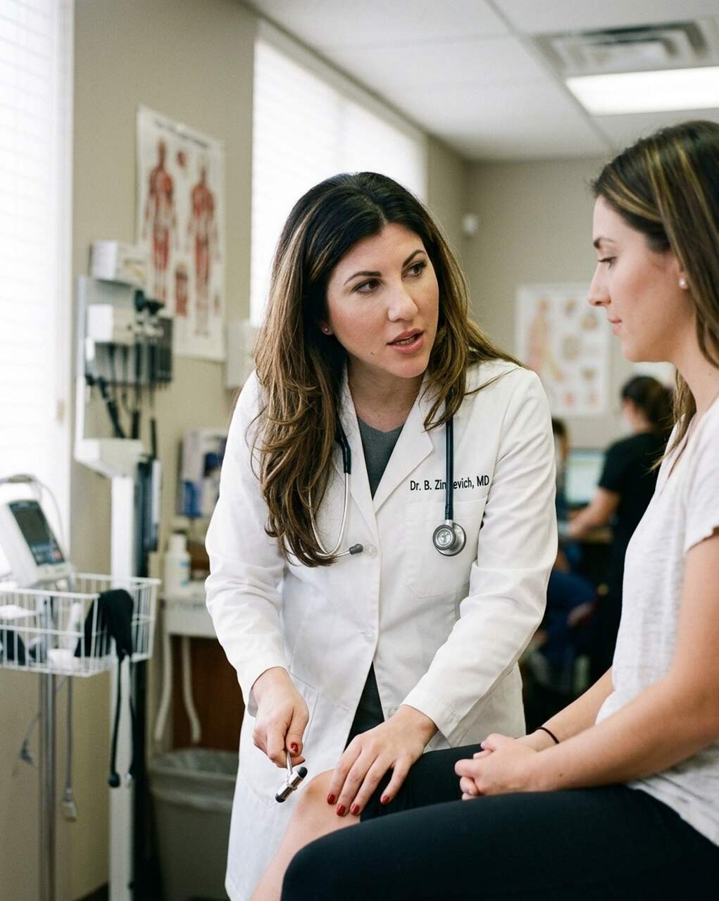 Doctor performing a specialized physical exam by checking a patient’s reflexes.