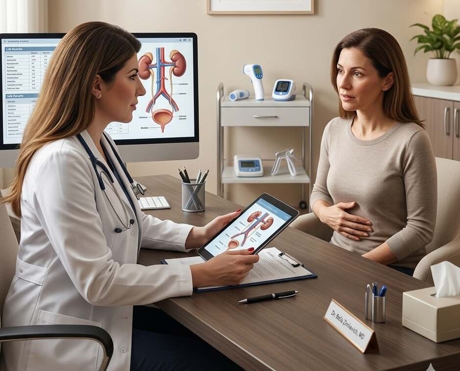 Urologist Dr. Bella Zimilevich consulting with a patient in a clinical office, reviewing urinary symptoms in a private medical setting