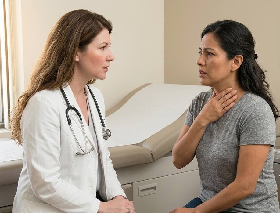 Doctor consulting with patient in clinic about sore throat symptoms, with patient indicating throat discomfort and physician listening attentively during examination