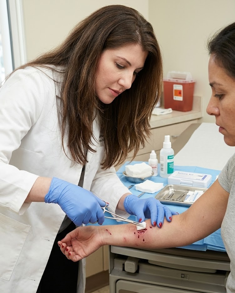 Clinician cleaning and examining a dog bite wound on a patient in a medical exam room using sterile tools and proper wound care techniques