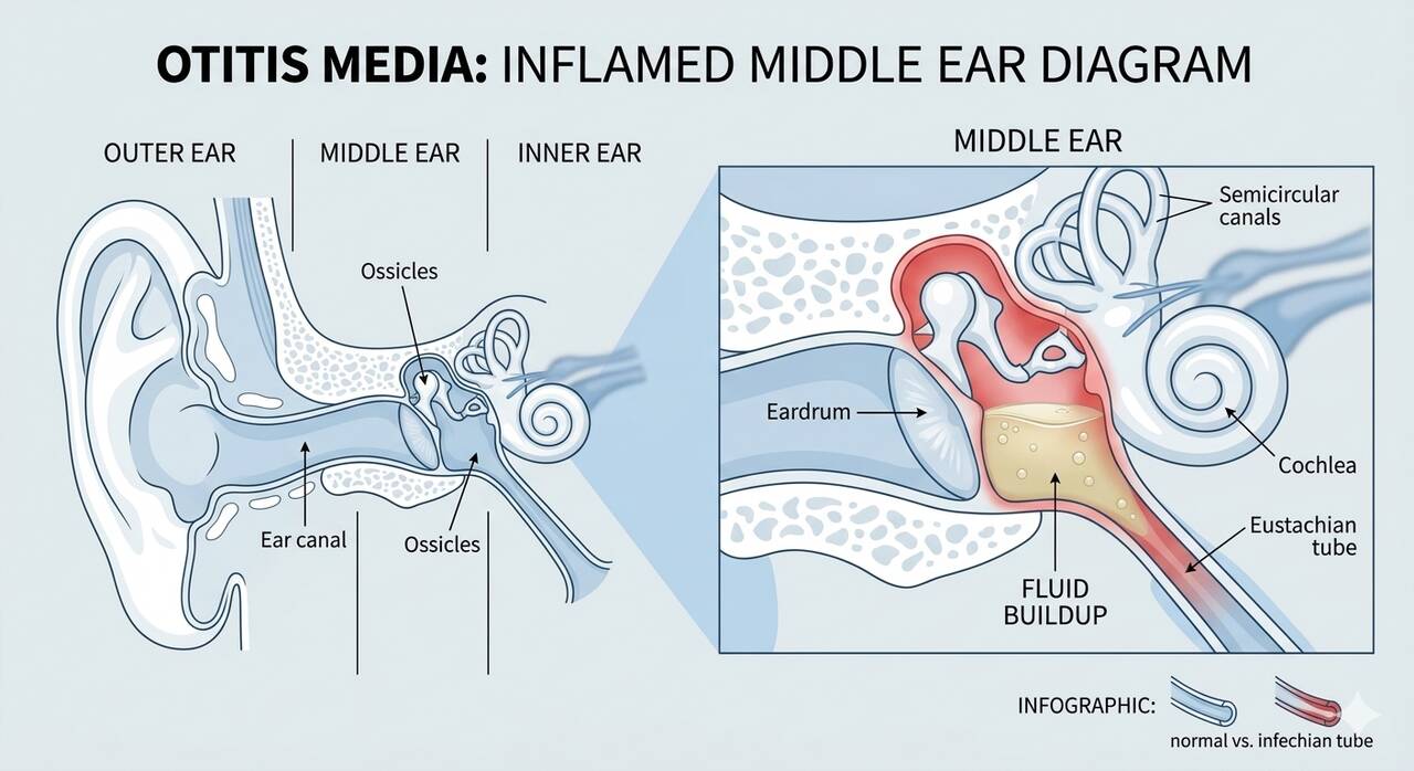 Medical chart illustration of ear infection showing inflamed middle ear and fluid buildup behind the eardrum (otitis media)