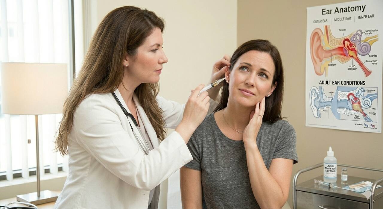 A healthcare professional in a white coat uses an otoscope to examine a patient’s ear. The patient, seated, holds a hand near the ear as if experiencing discomfort. 