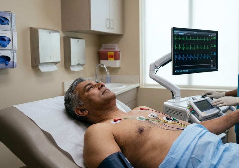 Patient undergoing ECG test with electrodes attached to chest while heart activity is monitored