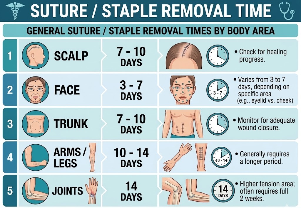 Suture staple removal time by body area. Arms/legs require 10 to 14 days. Trunk requires 7 to 10 days. Joints require 14 days.
Scalp requires 7 to 10 days.
Face requires from 3 to 7 days, depending on the area of the face.