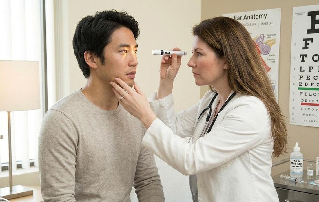 A doctor in a white coat uses a penlight to examine a seated patient’s eyes in a clinic. Behind them, an anatomical ear poster and an eye chart are visible, along with medical supplies on a counter.