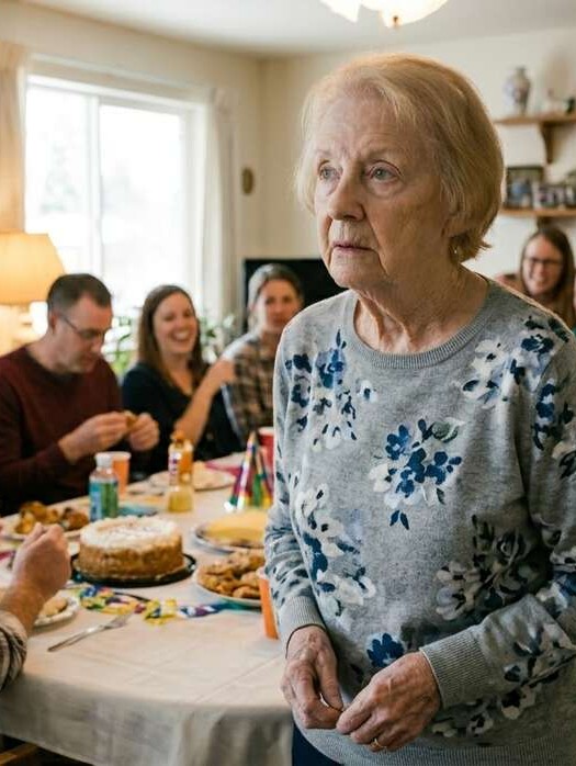 grandmother at party looking away from people due to Alzheimer's