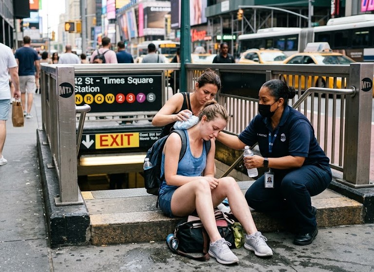 A realistic scene showing a person being assisted for heat exhaustion coming off the subway in NYC