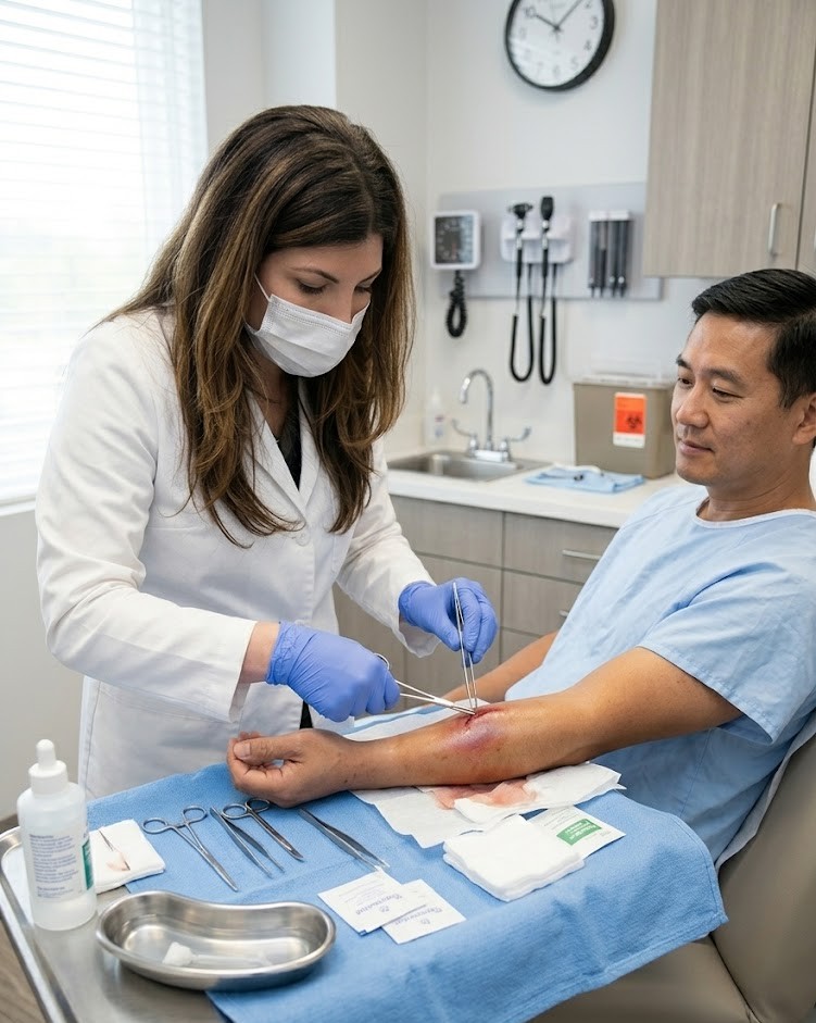 Healthcare provider performing incision and drainage of an abscess using sterile tools in a clinical setting