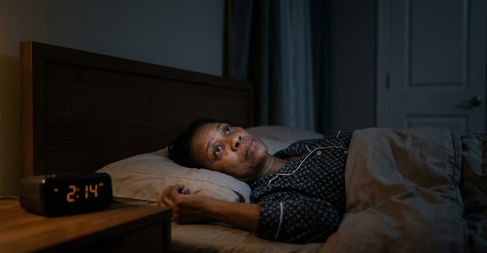 Person lying awake at night in bed, illustrating insomnia and difficulty sleeping