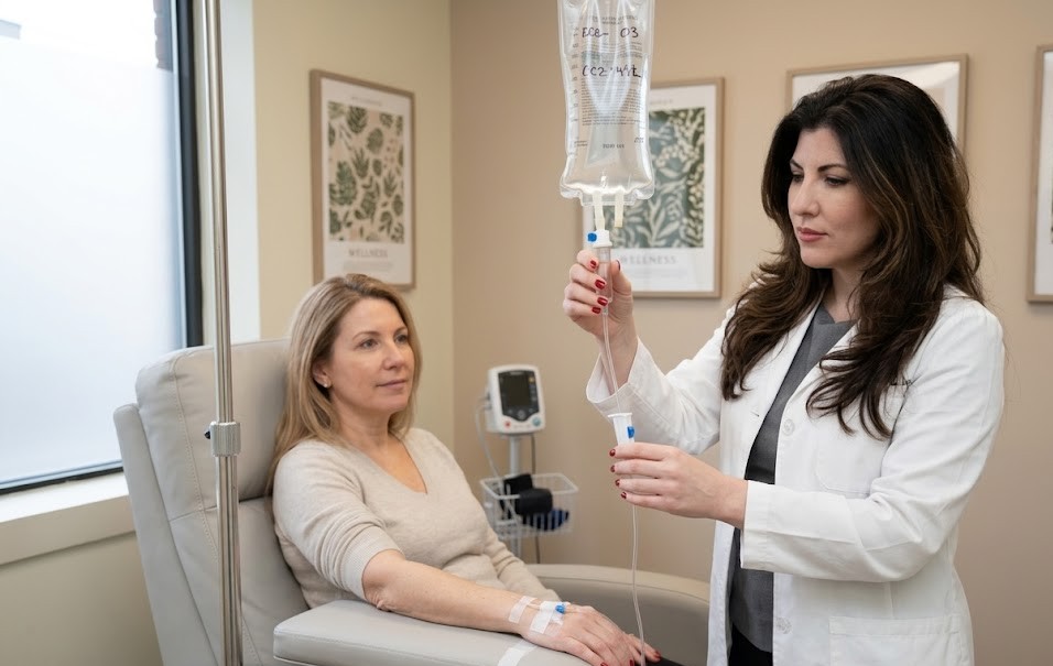 Woman receiving IV vitamin therapy through an IV drip in a clinical setting