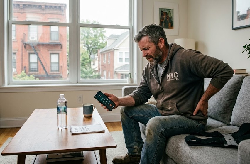 A realistic scene of a 40-year-old male construction worker in NYC sitting on the couch calling Dr. Anatoly Pisman's office for consultation for lumbar back pain