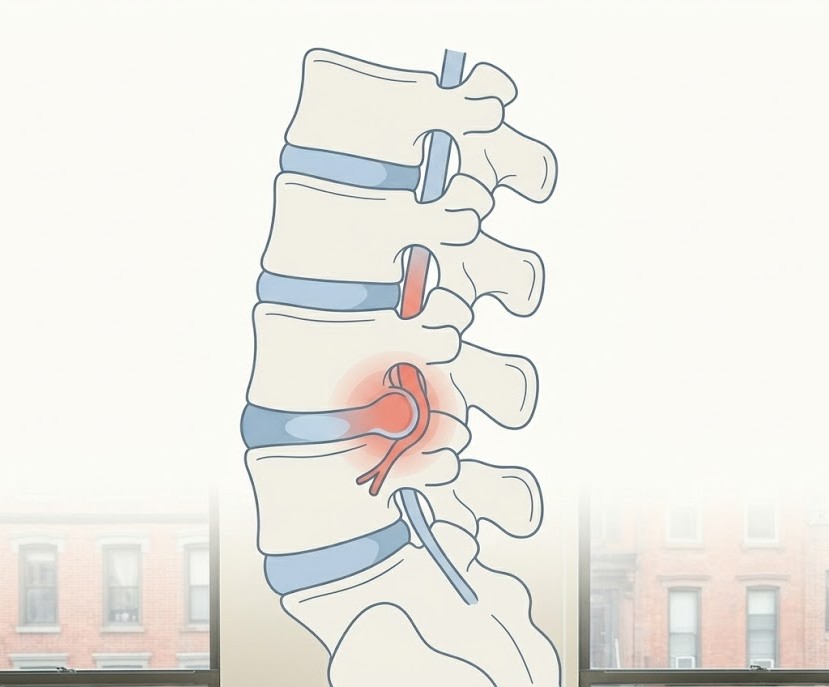 Minimal medical illustration showing a lumbar spine with a highlighted herniated disc pressing on a nerve root in the lower back