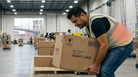 A realistic illustration of a man bending incorrectly while lifting a heavy box, showing strain on the lower back muscles in the lumbar region with a highlighted pain area