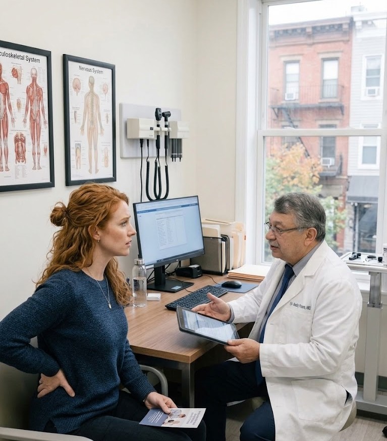 woman visits Dr. Anatoly Pisman for lower back strain