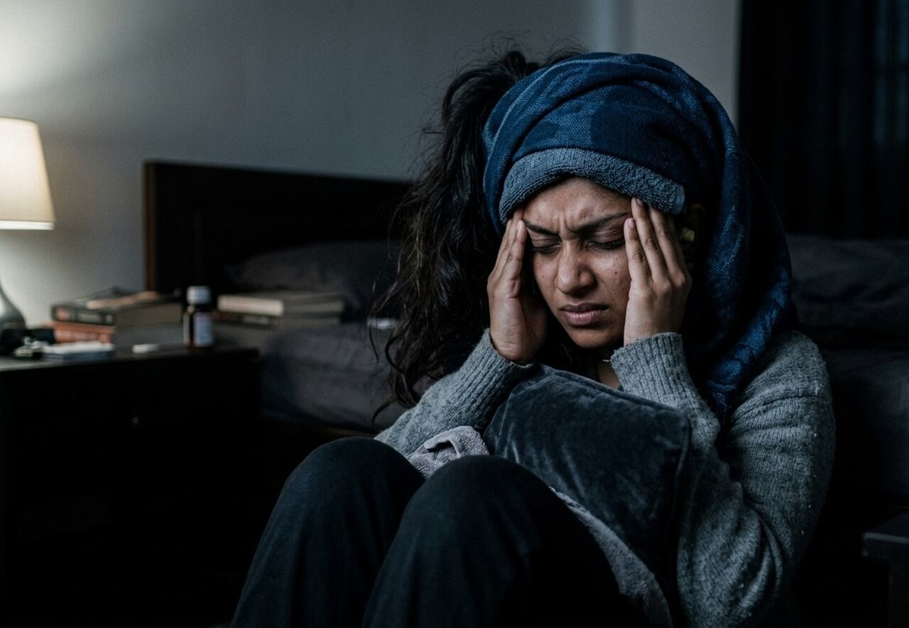 Woman experiencing severe migraine headache holding temples in dark room while avoiding light and noise triggers during painful episode