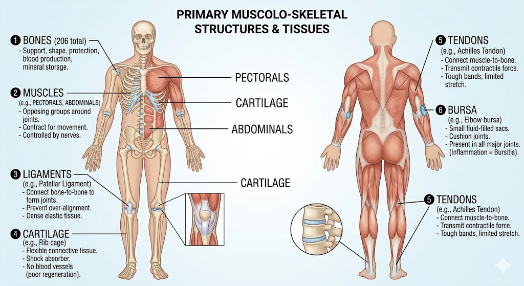 musculoskeletal system diagram bones muscles ligaments joints labeled educational medical illustration