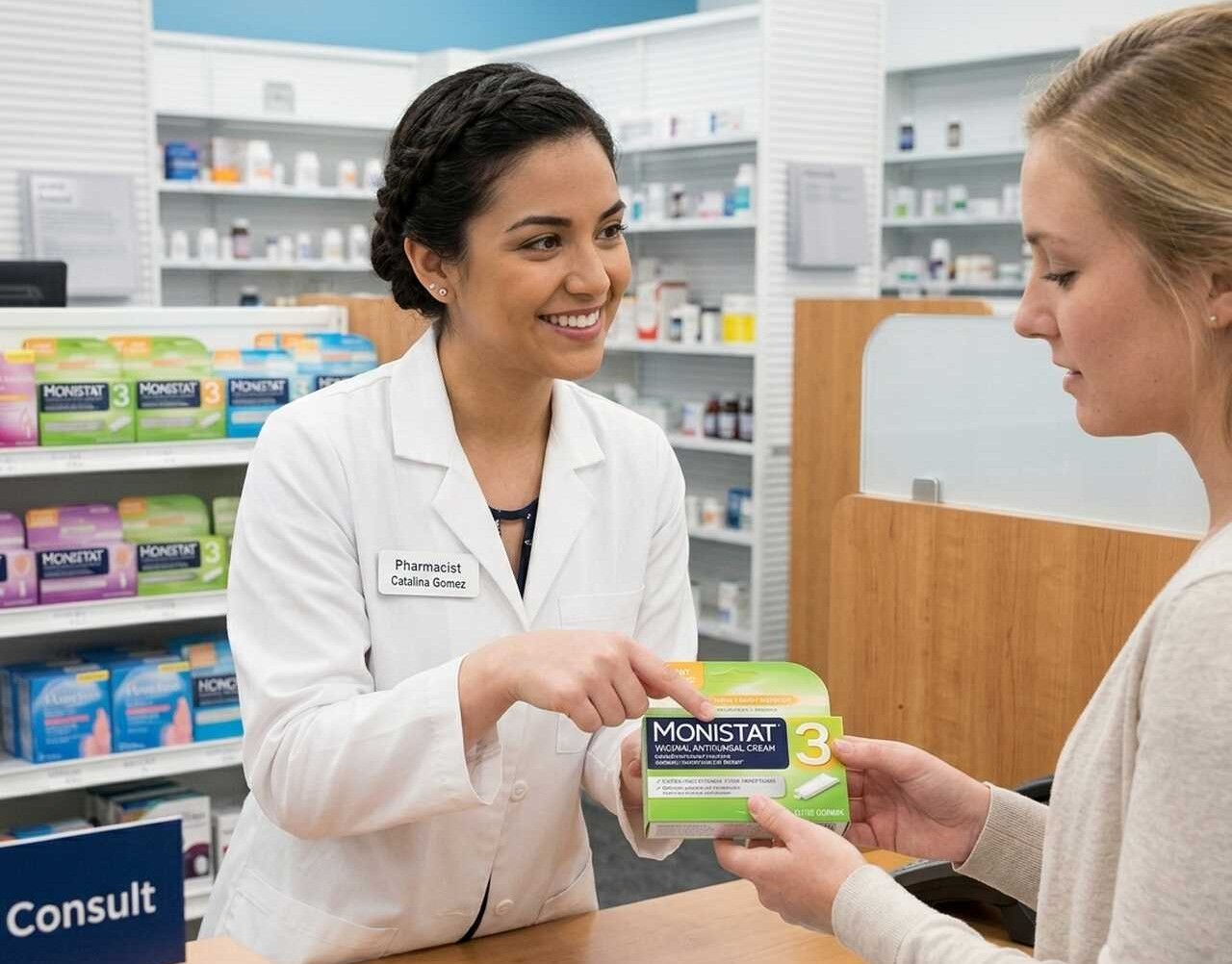 Young pharmacist giving yeast infection over the counter medication to another young woman
