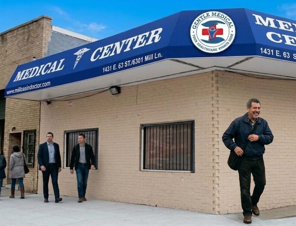 Man walking out of clinic having received treatment for urinary inconsistence