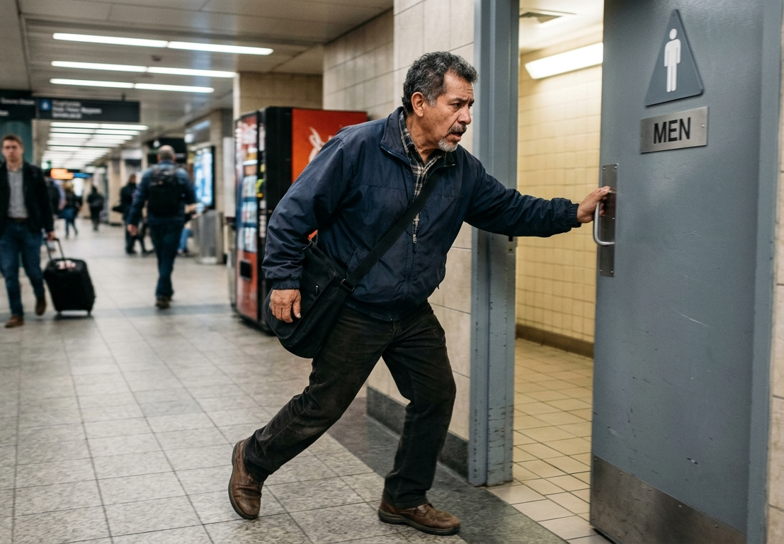 Man at bus station experiencing overflow urinary incontinence with visible discomfort